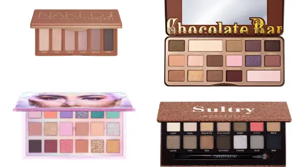 Palety cieni do powiek: Urban Decay Naked 3 Mini, Too Faced Chocolate Bar, Huda Beauty i Anastasia Beverly Hills Sultry. Idealne dla typu urody zima.
