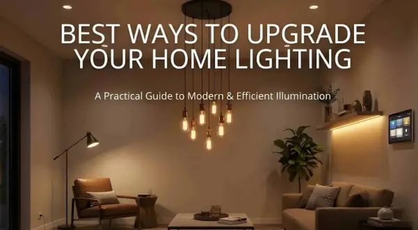 Modern living room with stylish DIY lighting upgrades, featuring a chandelier, floor lamp, and accent shelf lighting.