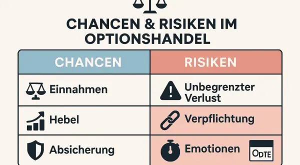 Chancen & Risiken im Optionshandel: Einnahmen, Hebel, Absicherung vs. unbegrenzter Verlust, Verpflichtung, Emotionen.