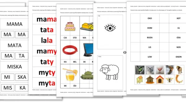 Numicon karty pracy do nauki czytania: obrazki zwierząt, przedmiotów i sylab.