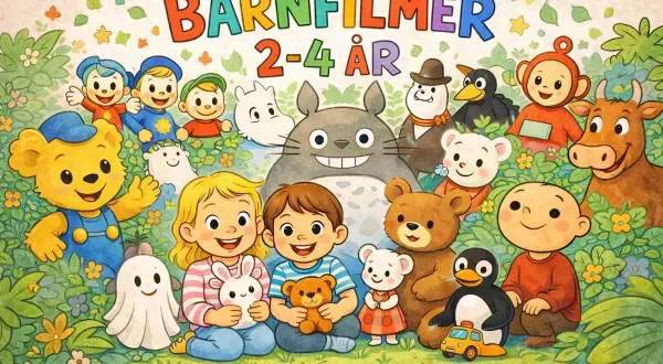 En glad samling figurer, inklusive Bamse och Totoro, omgivna av blommor och löv. Perfekt för bra barnfilmer 2-4 år.