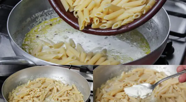 Makaron penne z sosem na bazie masła i śmietanki, do którego dodawana jest łyżka ricotty.