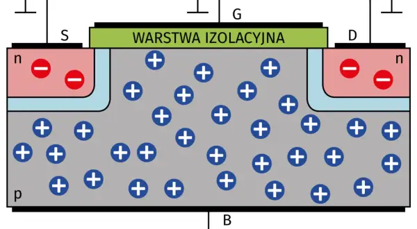 Schemat budowy tranzystora MOSFET. Widoczne obszary n i p, warstwa izolacyjna, elektrody S, D, G, B oraz rozmieszczenie ładunków dodatnich i ujemnych.