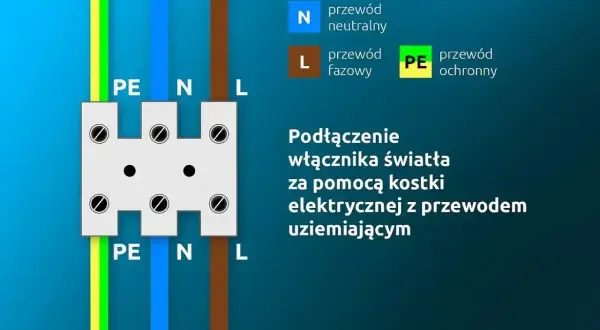 Podłączenie siły kolory: przewód ochronny (żółto-zielony), neutralny (niebieski) i fazowy (brązowy) do kostki elektrycznej.