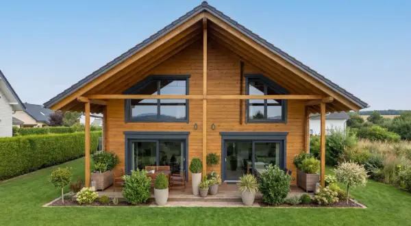 Ein schönes Holzhaus mit Terrasse und Garten. Informieren Sie sich über Holzhaus Kosten für Ihr Traumhaus.