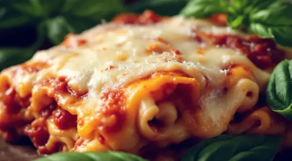 Lasagnes gratinées au fromage fondant, prêtes à rechauffer au four. Un délice italien entouré de feuilles de basilic frais.