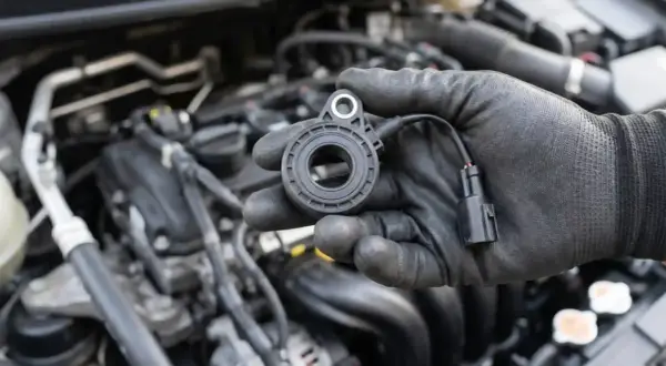 Mechanik w czarnej rękawiczce trzyma nowy czujnik spalania stukowego, gotowy do montażu w silniku samochodu.