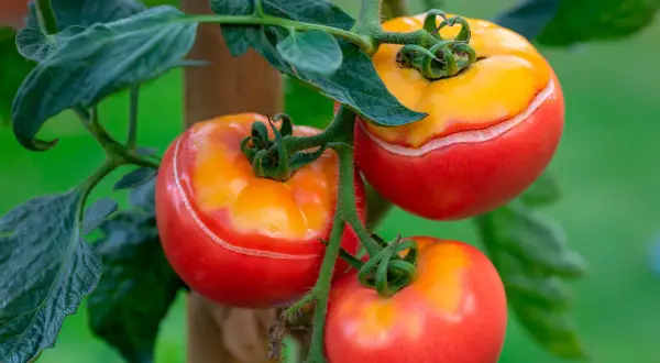 Tomaterna på plantan är mogna och röda med gula toppar. De behöver vattnas för att inte spricka.