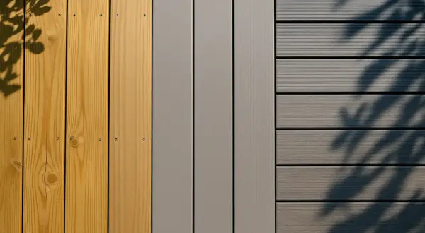 Olika material för trall altan: trä, grå slät och grå räfflad. Skuggor från löv faller över ytorna.