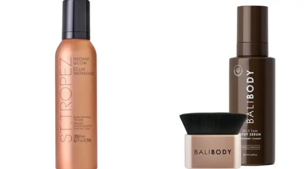 Due flaconi di autoabbronzante, uno mousse St. Tropez e un siero Bali Body, mostrano come funziona l'abbronzatura senza sole.