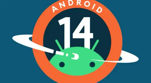 Logo Android 14 z zielonym robotem i pomarańczową obręczą.