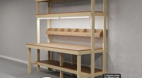 Plan établi menuisier pour un établi de rangement en bois, avec étagères et bacs de rangement. Idéal pour les projets DIY.