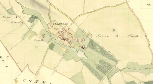 Extrait du géoportail cadastre 1970 : carte ancienne du village de Ferrières, avec ses parcelles, chemins et cours d'eau.