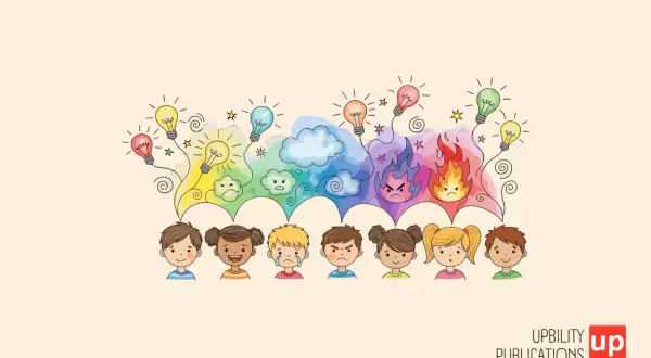 Ilustración de niños con diversas emociones, representadas por nubes de colores y bombillas encendidas.