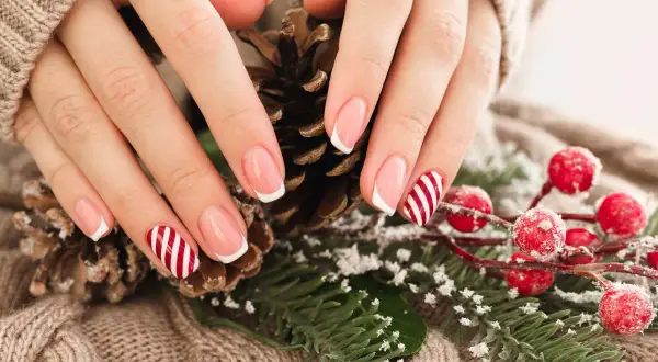 Jasne paznokcie świąteczne z motywem cukierków i francuskim manicure, otoczone szyszkami i gałązkami ostrokrzewu.