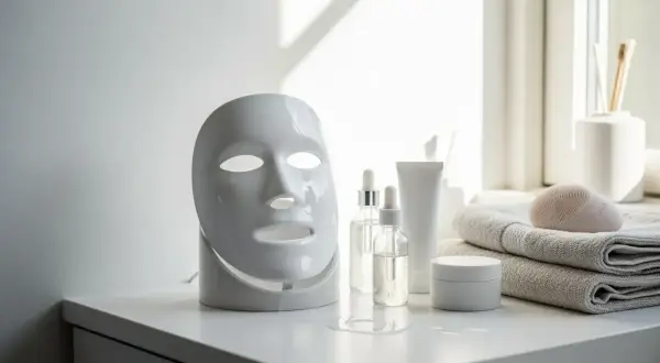 Ansiktsmaskin för LED-terapi och hudvårdsprodukter, inklusive serum och en borste för mekanisk peeling.