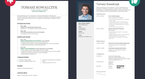 CV Tomasza Kowalczyka, doświadczonego UX/UI Designera. Warto napisać w mailu z CV o jego 12-letnim doświadczeniu i umiejętnościach.