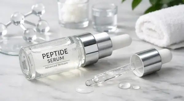 Peptydy na twarz w luksusowym serum. Szklana buteleczka z pipetką, krople na marmurowym blacie, ręcznik i zielone liście w tle.