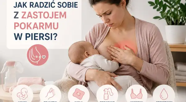 Kobieta karmi dziecko, czując ból z powodu zastoju pokarmu w piersi. Grafika podpowiada, jak sobie z tym radzić.