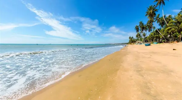 Traumhafter Strand in Phan Thiet mit Palmen und türkisfarbenem Meer. Meine Erfahrungen hier sind unvergesslich.