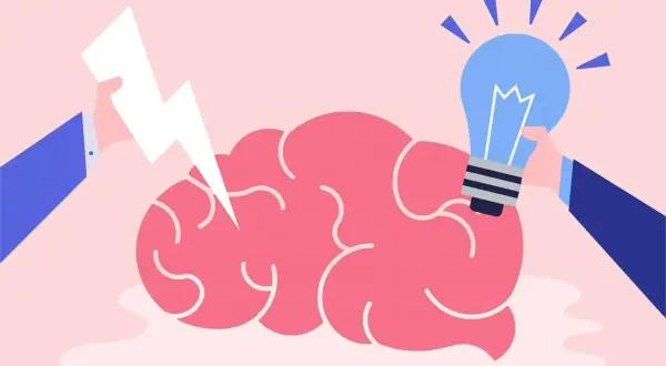 Een bliksemflits en een gloeilamp worden bij een roze brein gehouden, wat ideeën en creativiteit symboliseert, perfect voor hoogbegaafd.