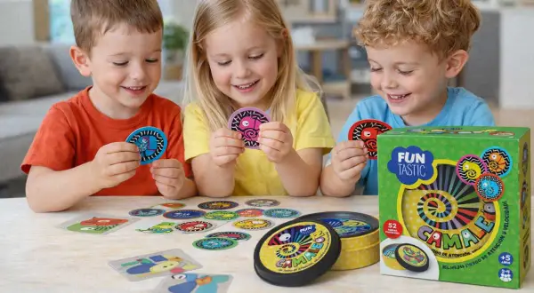 Niños sonríen jugando "Camaleón", un juego de mesa con cartas de colores. Ideal para actividades para niños de 6 a 12 años, fomenta la atención y velocidad.