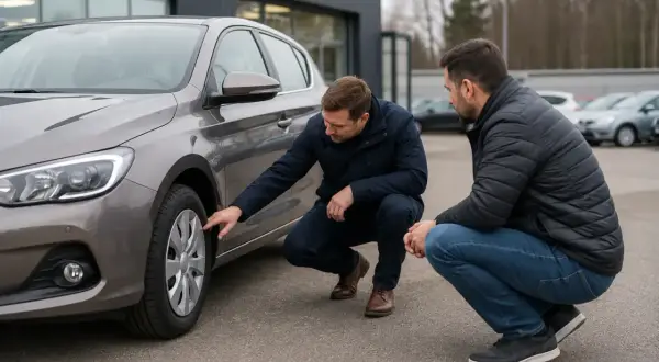 Två män inspekterar en bil. En av dem pekar på däcket, kanske för att diskutera ett serviceprotokoll för bilen.