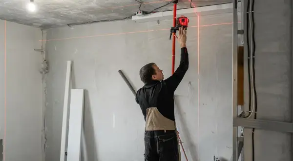 Budowlaniec ustawia laser, który wyznacza idealny pion murarski. Czerwone linie lasera przecinają pomieszczenie, pomagając w precyzyjnym montażu.