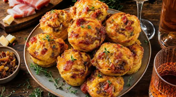 Savoureux muffins lardons oignons, dorés et garnis de thym frais, prêts à être dégustés avec un verre de vin.