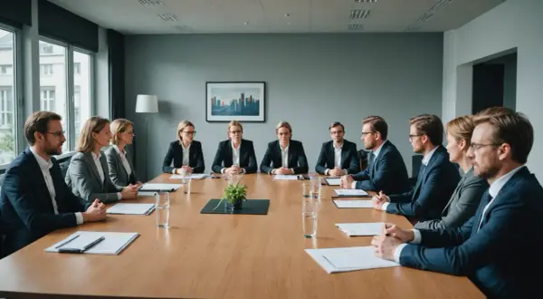 Geschäftsleute im Meeting. PARTG MBB Vorteile und Nachteile werden diskutiert.