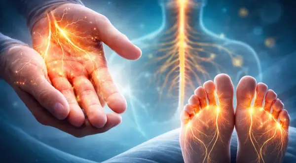Mani e piedi con un formicolio elettrico, che simboleggia la connessione nervosa e la sensibilità.