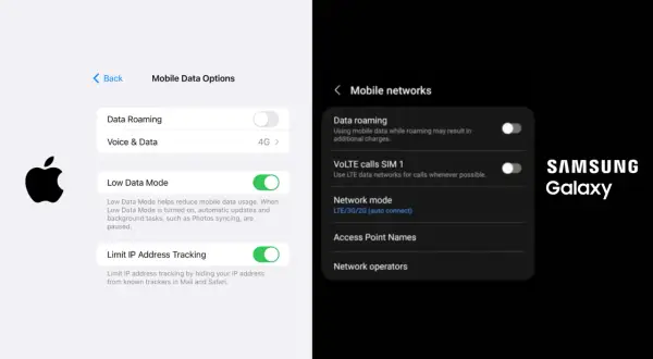 Ustawienia telefonu iPhone i Samsung Galaxy pokazują opcje roamingu danych. Dowiedz się, roaming danych co to i jak go włączyć/wyłączyć.