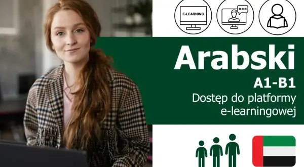 Młoda kobieta z rudymi włosami uczy się arabskiego online. Dostęp do platformy e-learningowej A1-B1.
