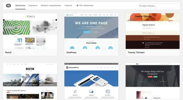 Widok panelu WordPress z dostępnymi motywami: Pencil, OnePress, Twenty Thirteen, Boston, GeneratePress, Neve.