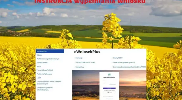 Instrukcja wypełniania wniosku eWniosekPlus. Widok ekranu z opcjami, w tym płatności bezpośrednie, na tle kwitnącego rzepaku.