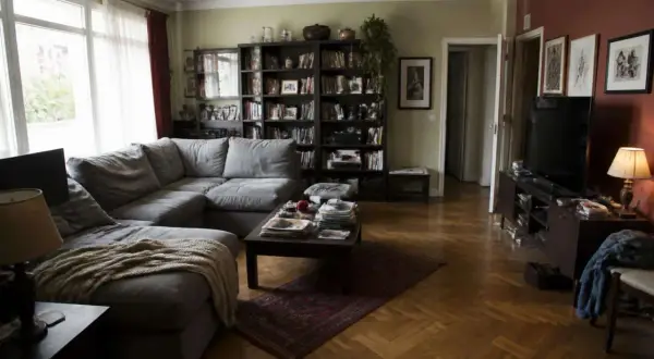 Soggiorno accogliente con divano angolare grigio, libreria piena e parquet. Idee originali per arredare soggiorno con stile.