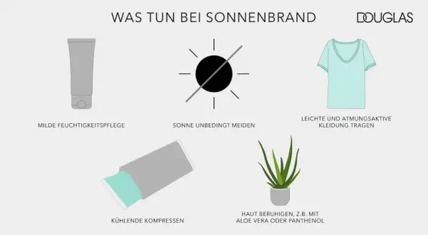 Tipps bei Sonnenbrand: Sonne meiden, leichte Kleidung, kühle Kompressen und Hautpflege mit Aloe Vera oder Panthenol.