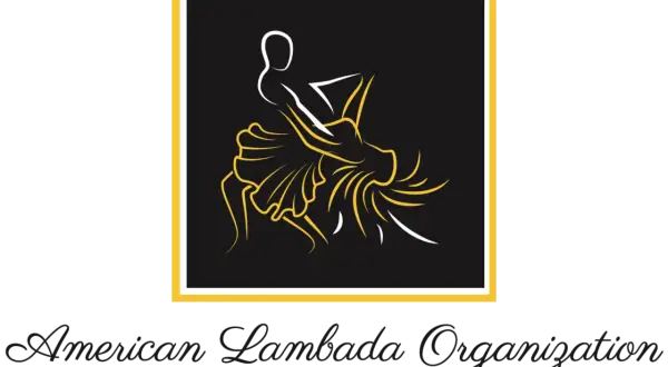 Para tańczy lambadę, ich ruchy tworzą dynamiczny wzór. Logo "Kaoma La Lambada Tekst" oddaje energię tańca.