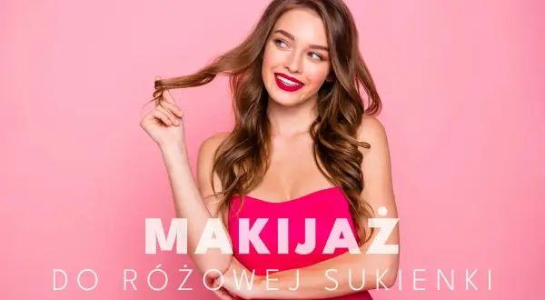 Uśmiechnięta kobieta w różowej sukience, z burzą brązowych włosów i wyrazistym makijażem. Idealny makijaż do różowej sukienki.