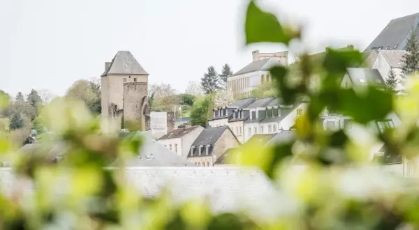 Ein Tag in Luxemburg: Blick auf eine mittelalterliche Burg und malerische Häuser, umrahmt von grünem Laub.