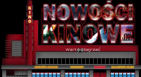 Neonowy szyld kina zapowiada film 2026. Widać napisy "NOWOŚCI KINOWE", "PREMIERY", "WEJŚCIE", "NAJLEPSZE FILMY".