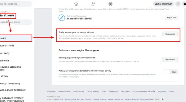Kliknij "Wiadomości", aby dowiedzieć się, jak wejść w ustawienia Messengera i dodać go do swojej witryny.