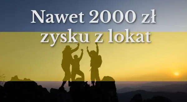 Trzy osoby świętują na szczycie góry, ciesząc się zyskiem z lokat. Czy to inbank co to za bank?