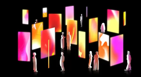 Silhouetted figures explore a gallery of vibrant, glowing digital art, showcasing contemporary art trends with abstract gradients and light.