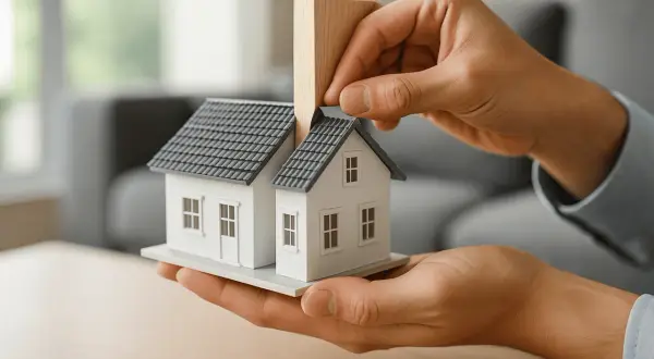 Mani che dividono una casa modello, simboleggiando il frazionamento unità immobiliare.