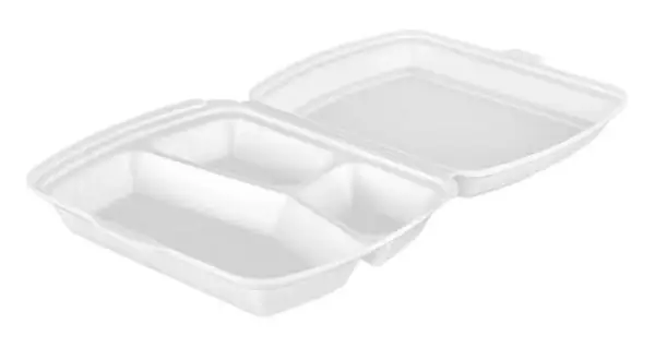 Biały, otwarty styrobox z trzema przegródkami, idealny na posiłki na wynos.