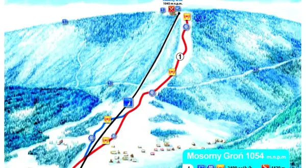 Mapa trasy Mosorny Groń. Widok z lotu ptaka na ośnieżone stoki z zaznaczonymi trasami narciarskimi, wyciągami i budynkami.