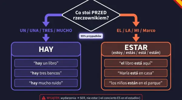 Schemat wyboru między "HAY" a "ESTAR" w języku hiszpańskim. Odmiana "być" po hiszpańsku zależy od tego, co stoi przed rzeczownikiem.