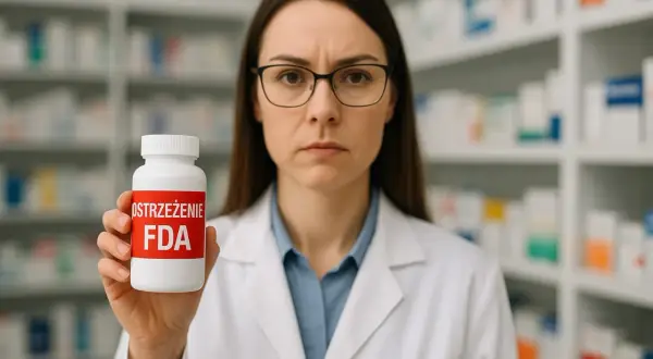 Farmaceutka w okularach trzyma białą buteleczkę z napisem "OSTRZEŻENIE FDA". Tiane sal.