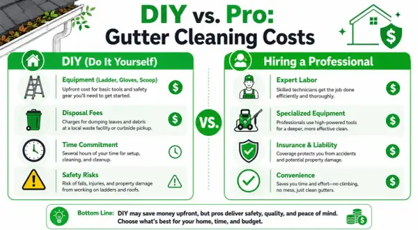 Infographic comparing DIY vs. Pro gutter cleaning costs, covering equipment, disposal, time, safety, labor, and convenience. Learn how to clean gutters effectively.